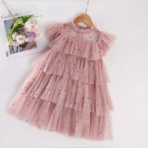 NWT Girls Fly Sleeve Star Moon Tulle Layered Ruffle Princess Dress | PINK